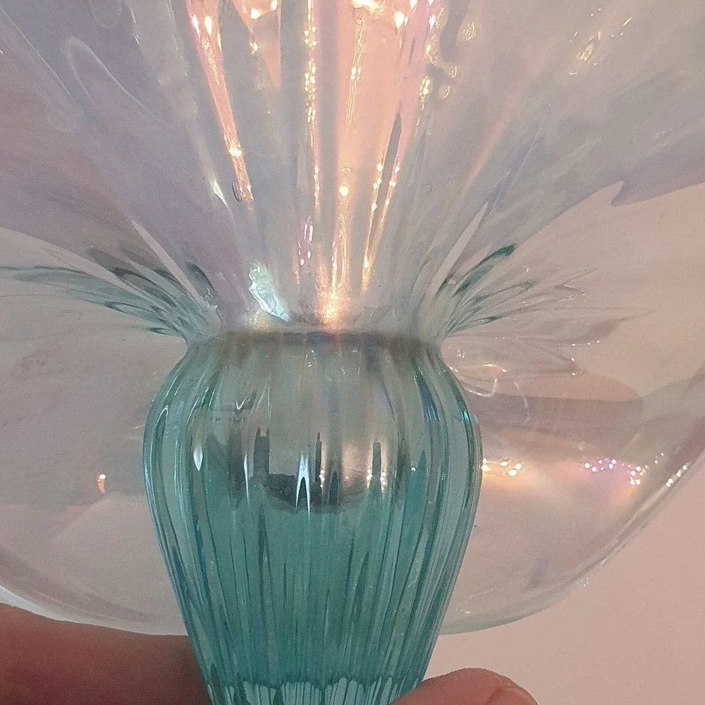 Vintage Jack in the Pulpit Candleholder Iridescent Aqua Glass Hand Blown Signed